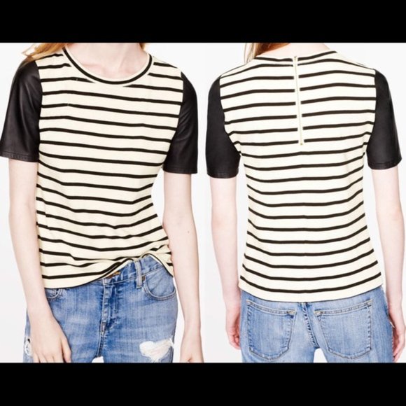 J. Crew striped, exposed zip back knit shirt w/faux leather sleeves - size S - Picture 2 of 13